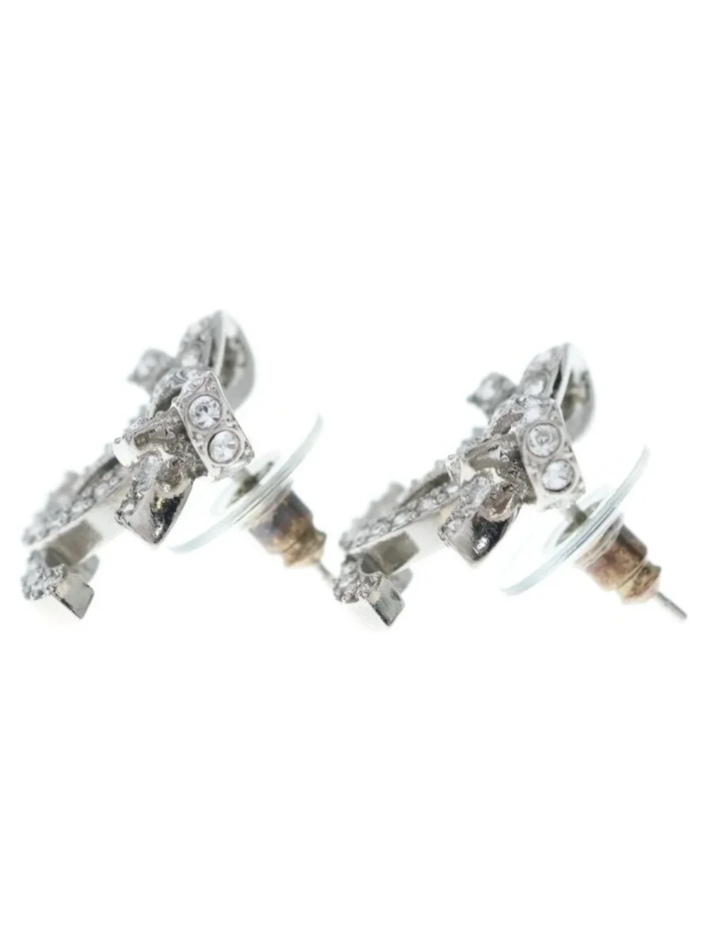 Chanel Rhinestone CC Logo Ribbon Earrings Silver
